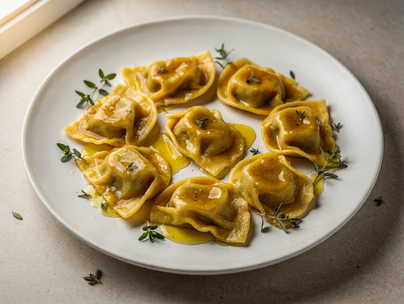 Plin style pinched ravioli in rich butter glaze