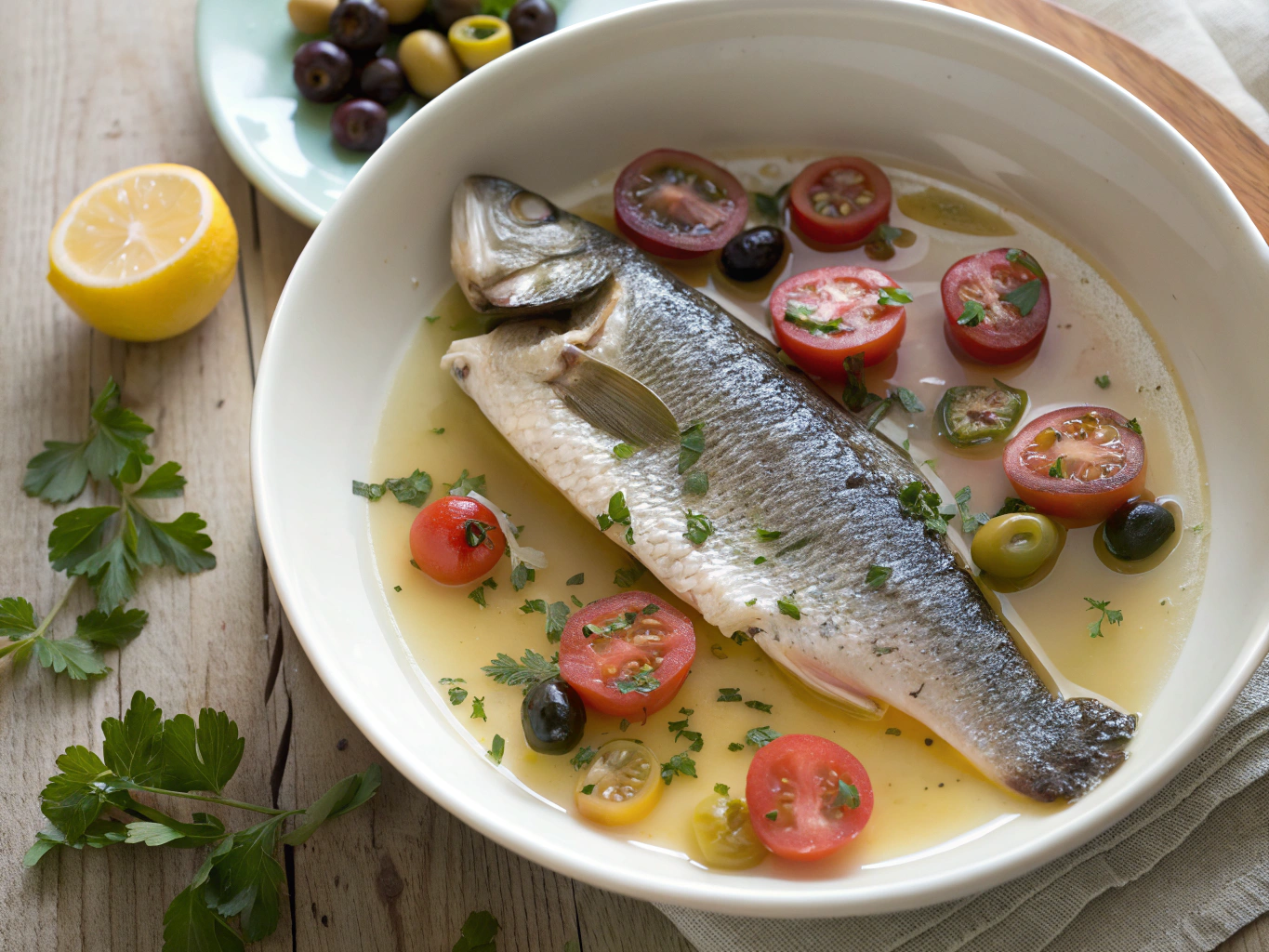 Whole roasted Mediterranean branzino with olives