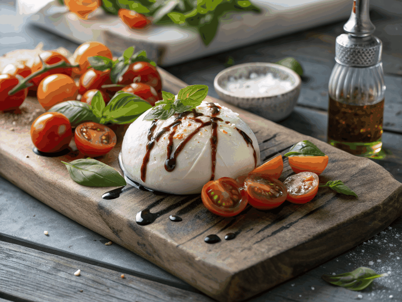 Fresh burrata with heirloom tomatoes and basil oil