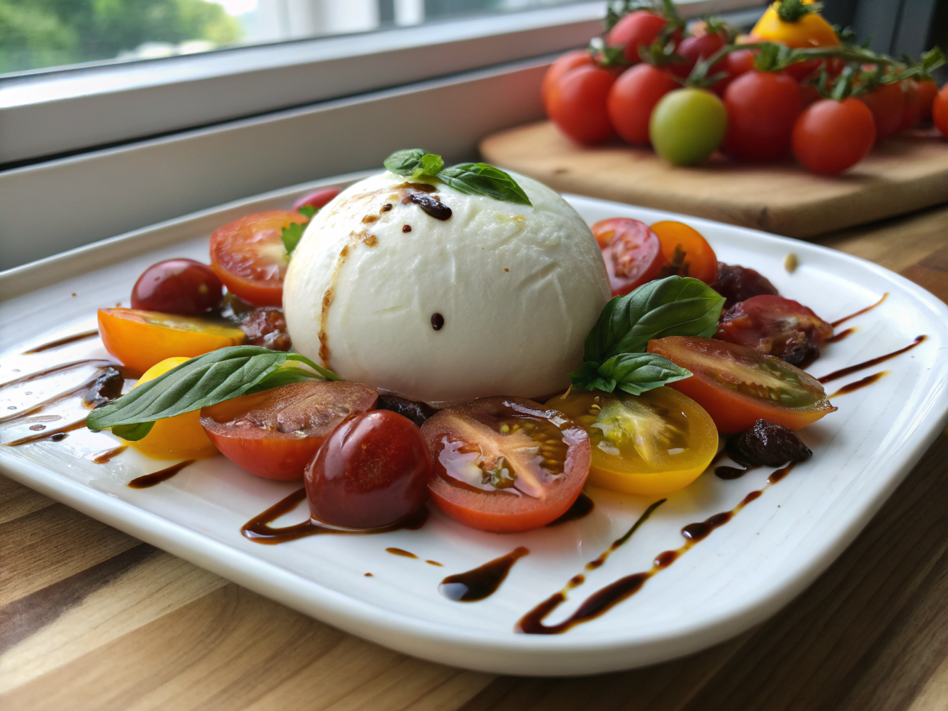 Creamy burrata cheese with heirloom tomatoes and basil