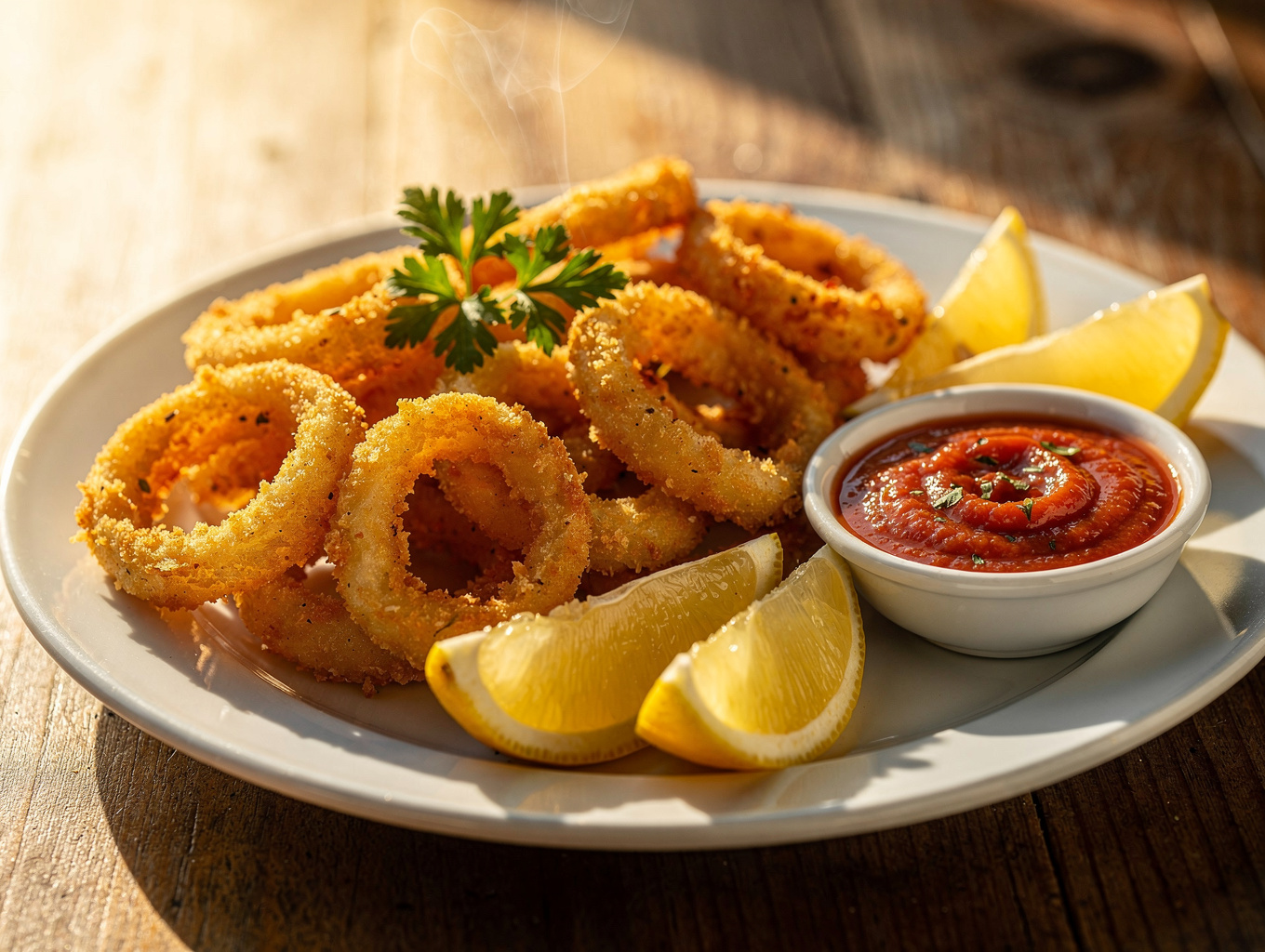 Crispy fried calamari with lemon and marinara