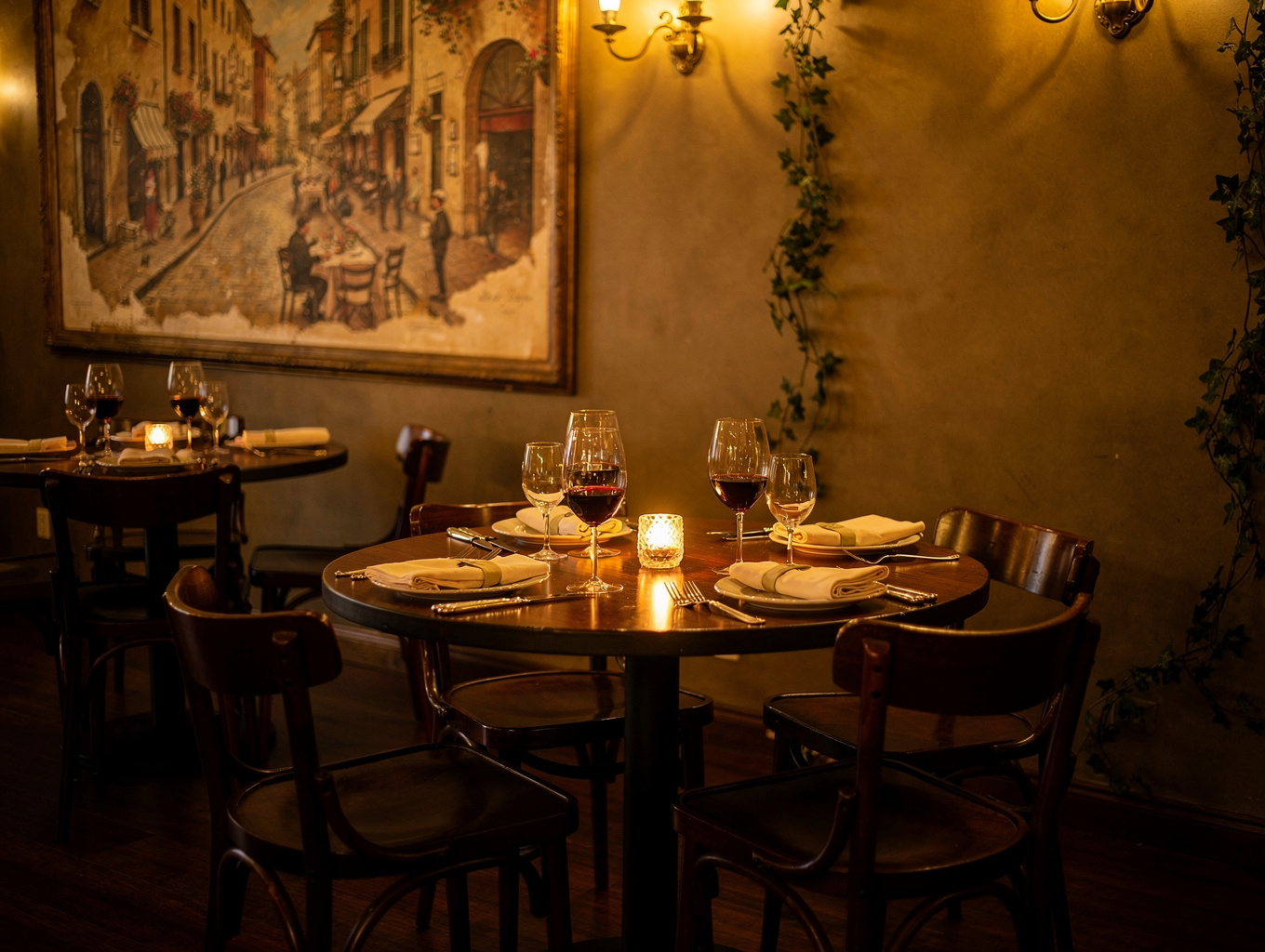 Warm candlelit dining room with rustic Italian decor