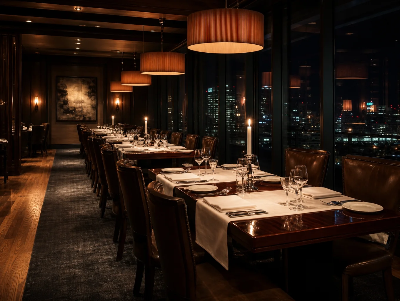 Main dining room with warm candlelit tables and rustic decor