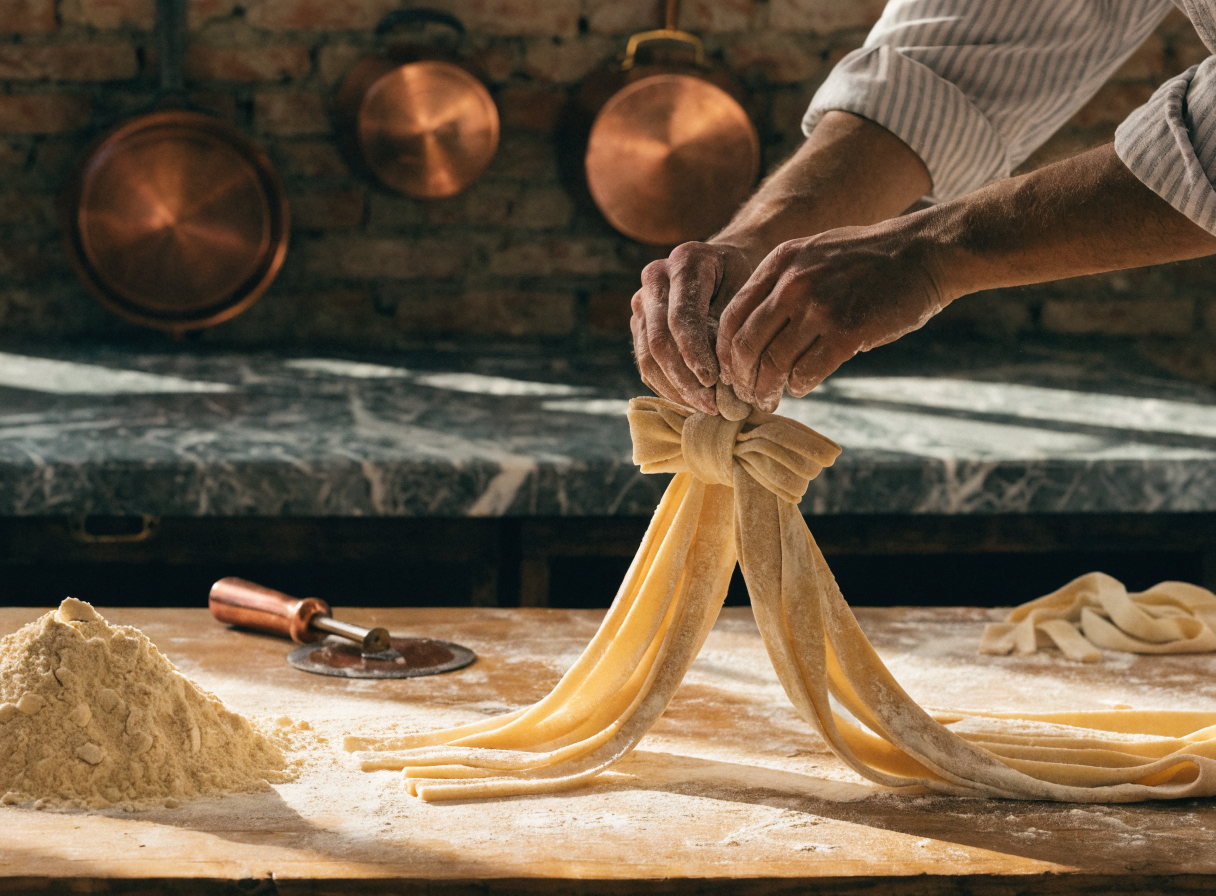 Freshly prepared hand-rolled pasta on a wooden counter