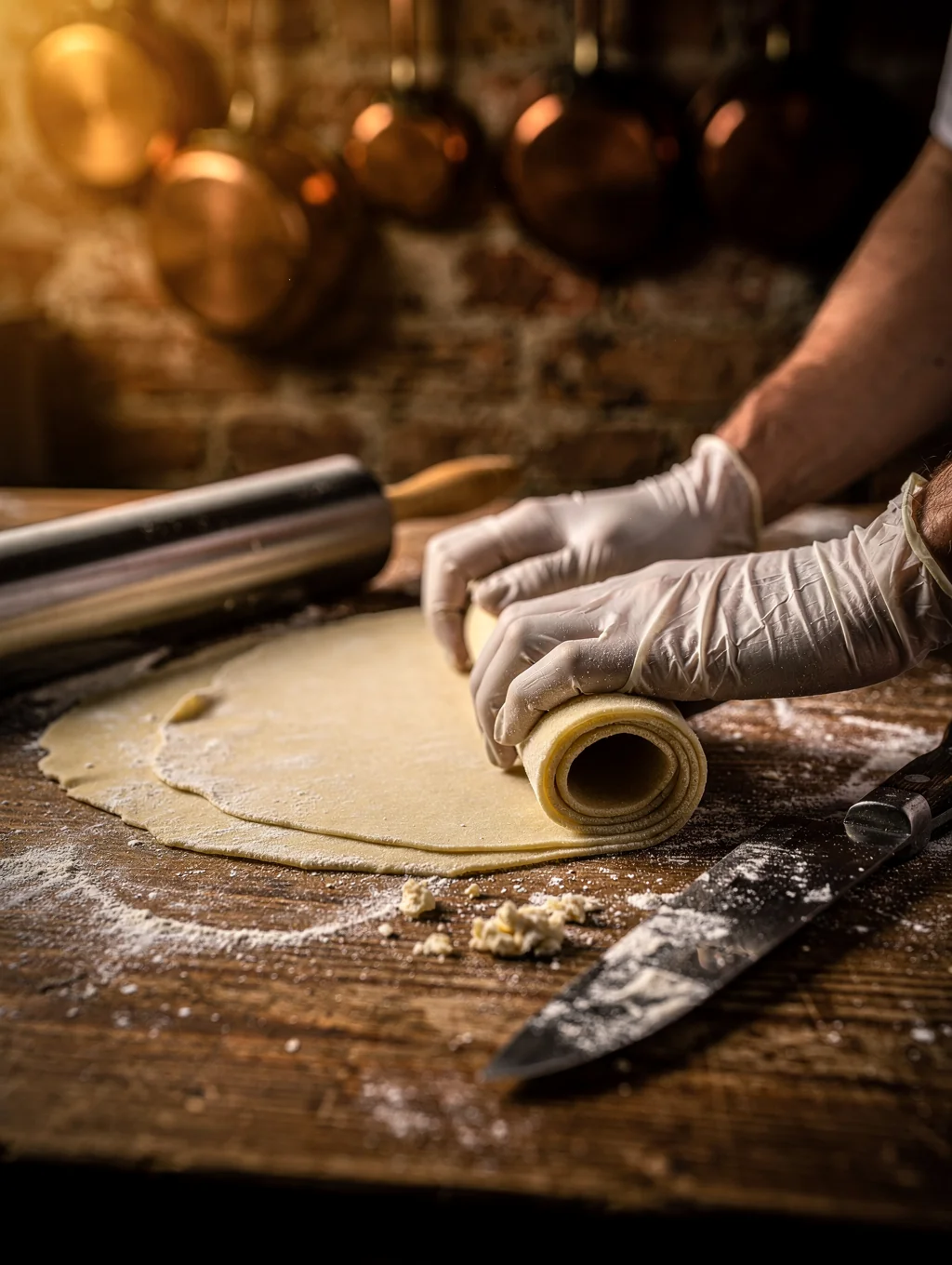 Chef hand-rolling fresh pasta on a rustic wooden surface