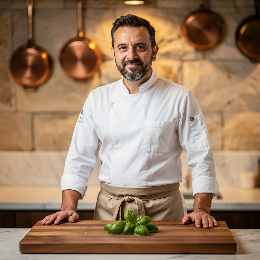 Culinary Director Luca Ferrari inspecting fresh seasonal produce