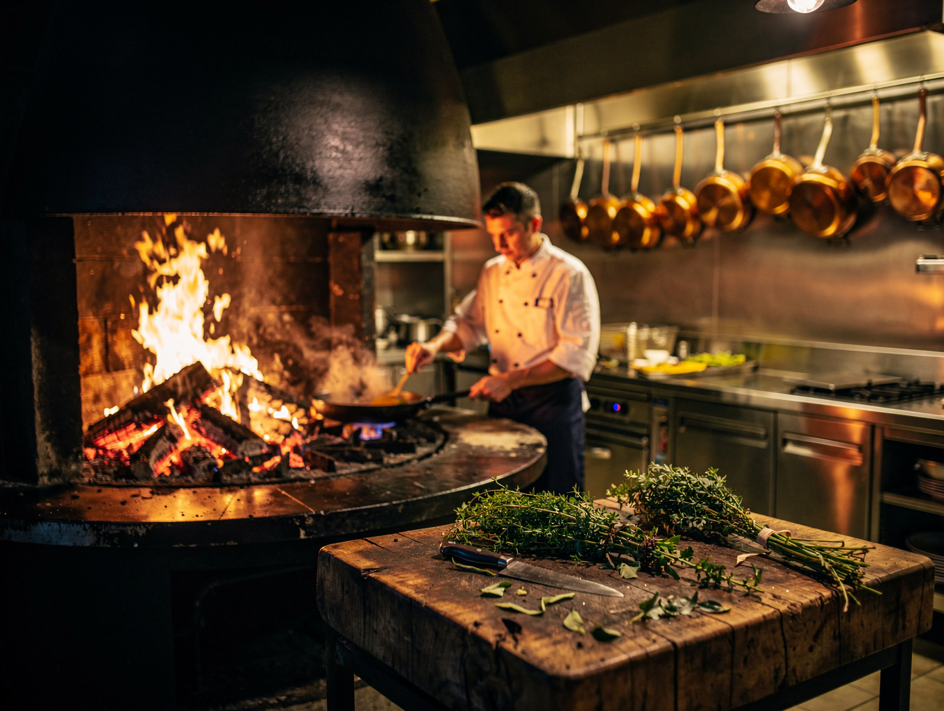 Open kitchen hearth with glowing embers and copper pans