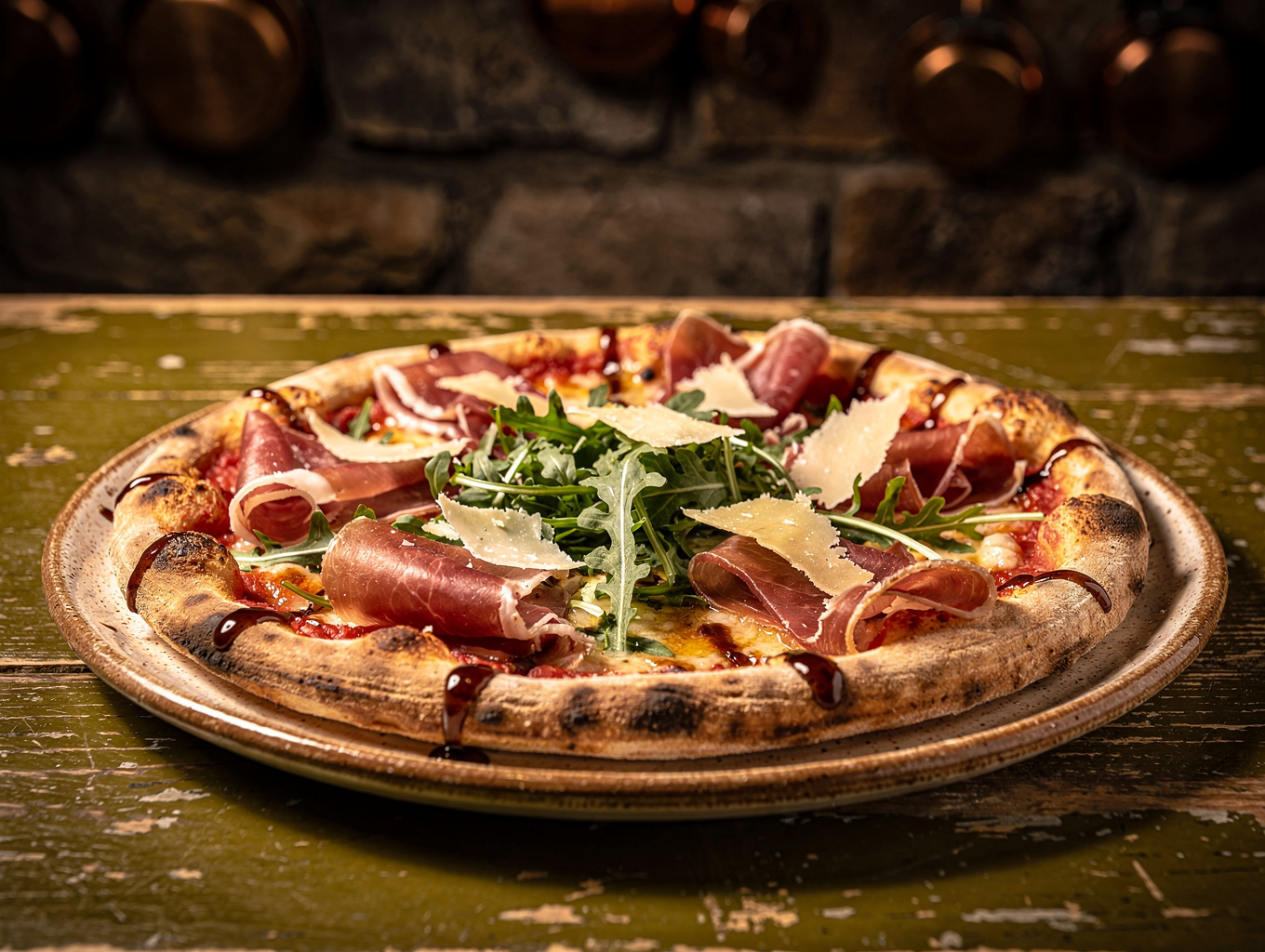 Wood oven pizza topped with fresh burrata and prosciutto
