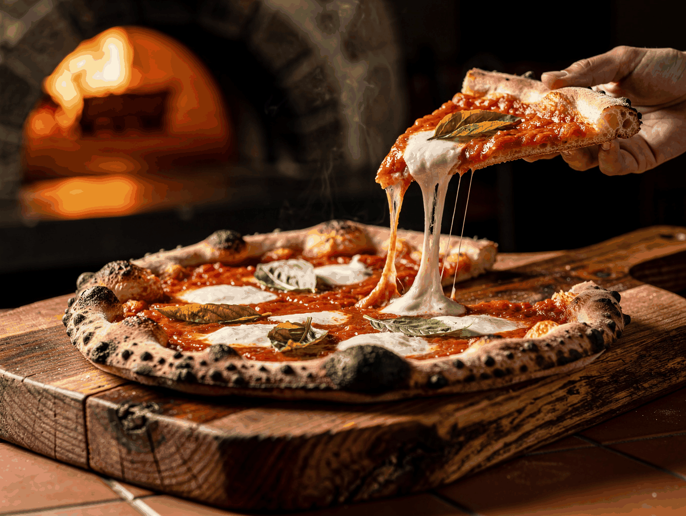 Wood-fired Neapolitan Margherita pizza with blistered crust