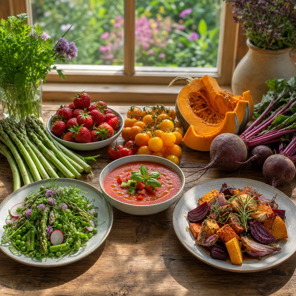 Fresh seasonal herbs and ingredients ready for plating