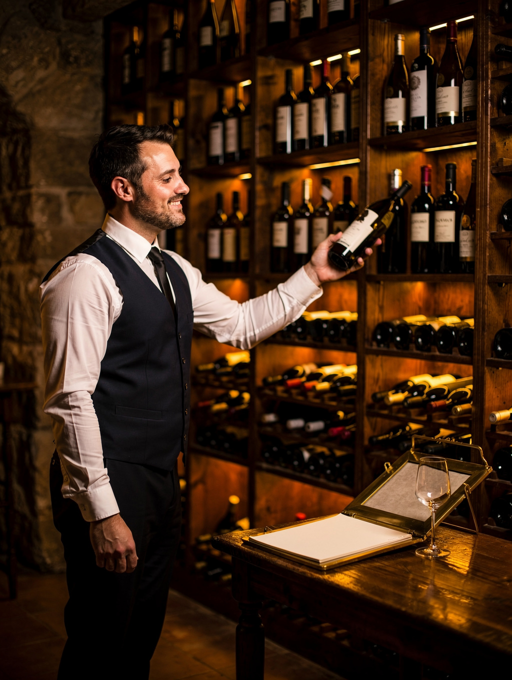 Head Sommelier Matteo Vitucci selecting vintage wine bottles in the cellar