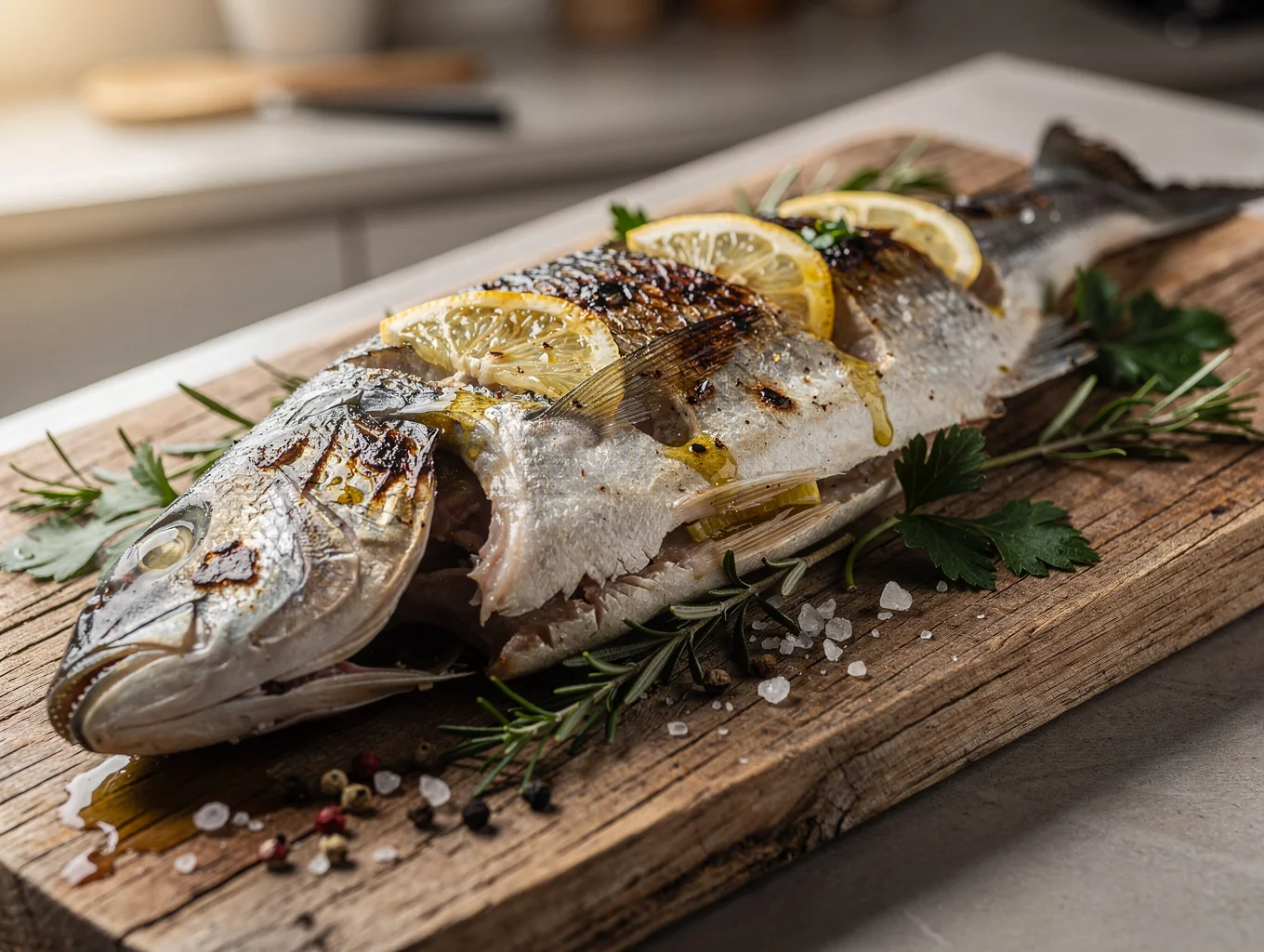 Whole roasted branzino with charred lemon and herbs
